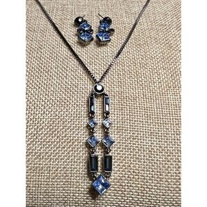 Givenchy Blue Crystal Gunmetal‎ Necklace and Earrings Set 16-19in Goth
